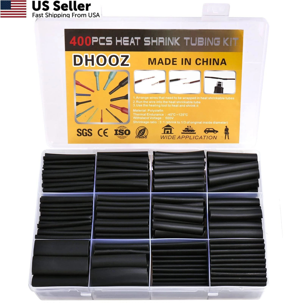 400 Pcs Heat Shrink Tubing Kit with Adhesive Lined, 7 Sizes, Black