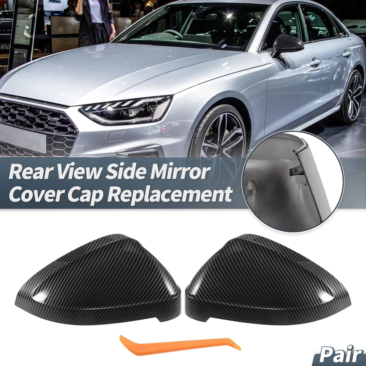 Pair Rearview Mirror Cover Caps Black Carbon Fiber for Audi A4 A5 S4 S5 RS5 (2013–2020)