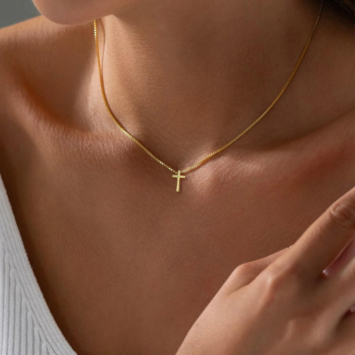 Gold Cross Necklace for Women, 14K Plated 16.5" Cross-Box Chain