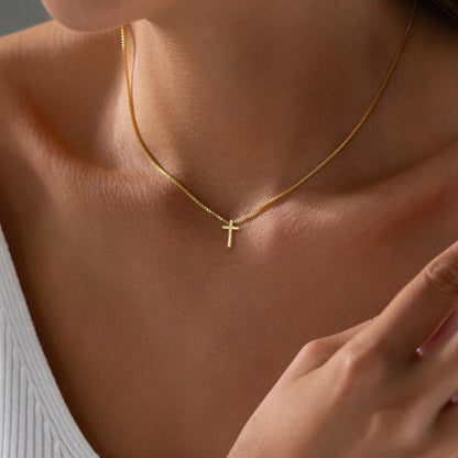 Gold Cross Necklace for Women, 14K Plated 16.5" Cross-Box Chain