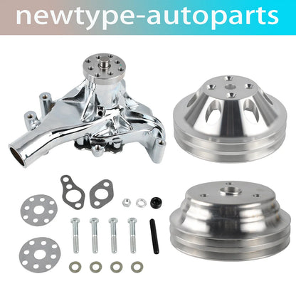 Long Water Pump & 2 Groove Crankshaft Pulley Kit for Chevy SBC 305 350 (1969–1986) Chrome