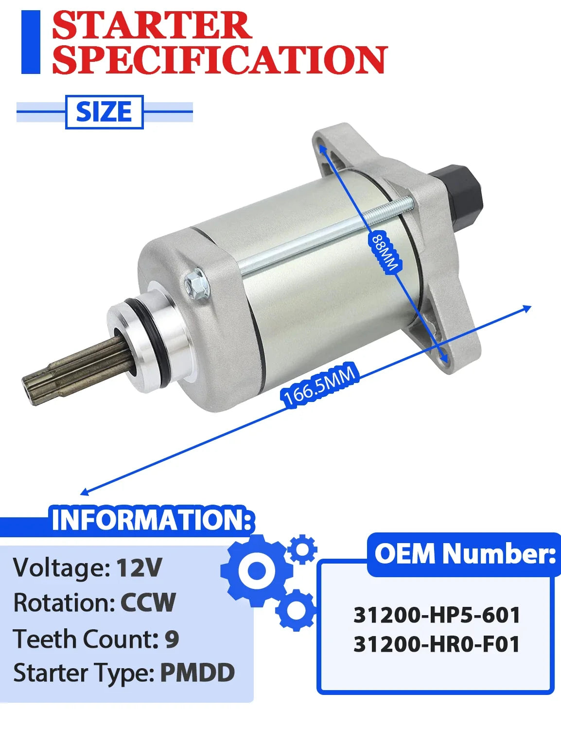 Starter Motor for Honda Rancher 420 TRX420FA (2009–2019) with Relay
