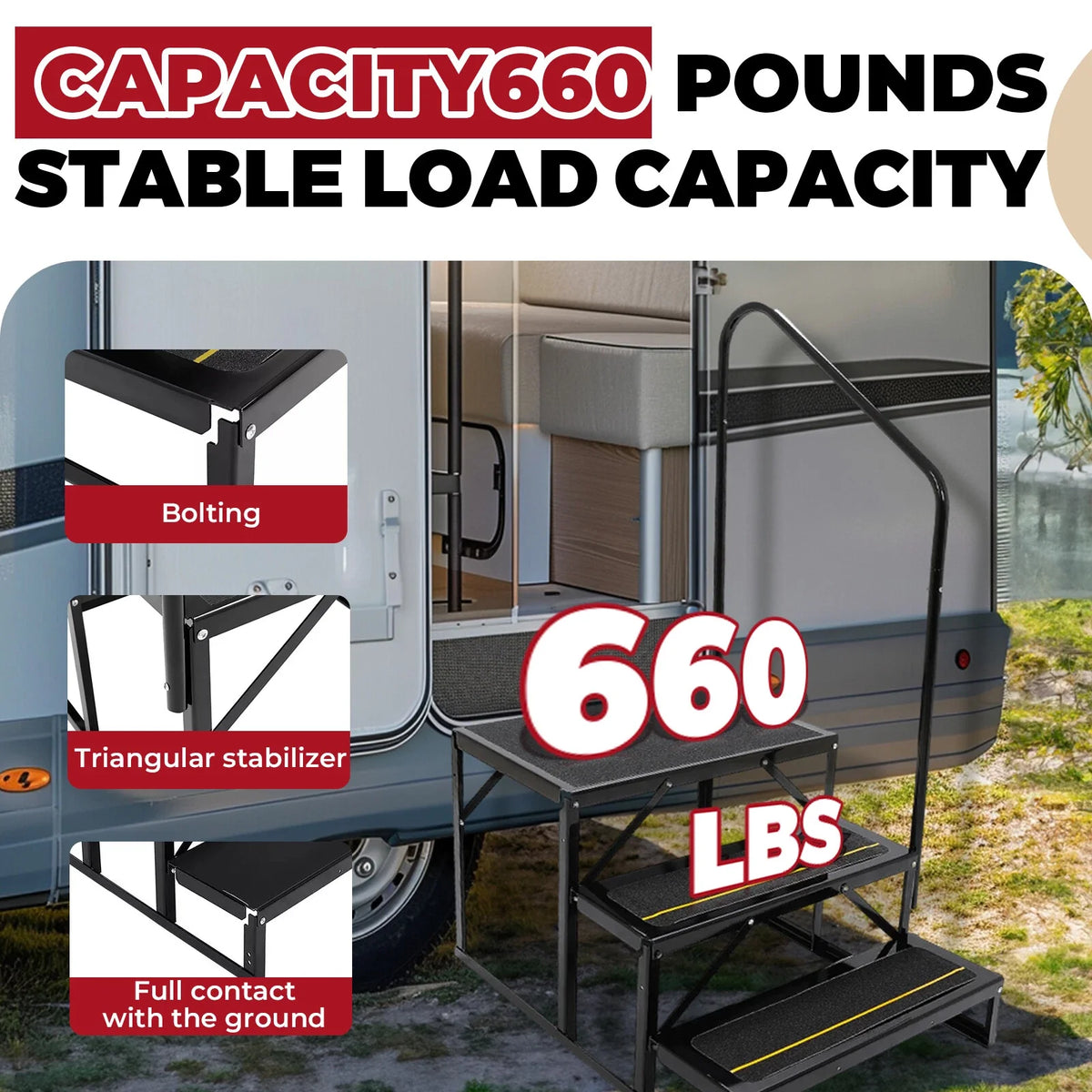 3-Step Anti-Slip Stair with Handrail for RV Camper Hot Tub (660lbs)