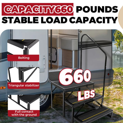 3-Step Anti-Slip Stair with Handrail for RV Camper Hot Tub (660lbs)