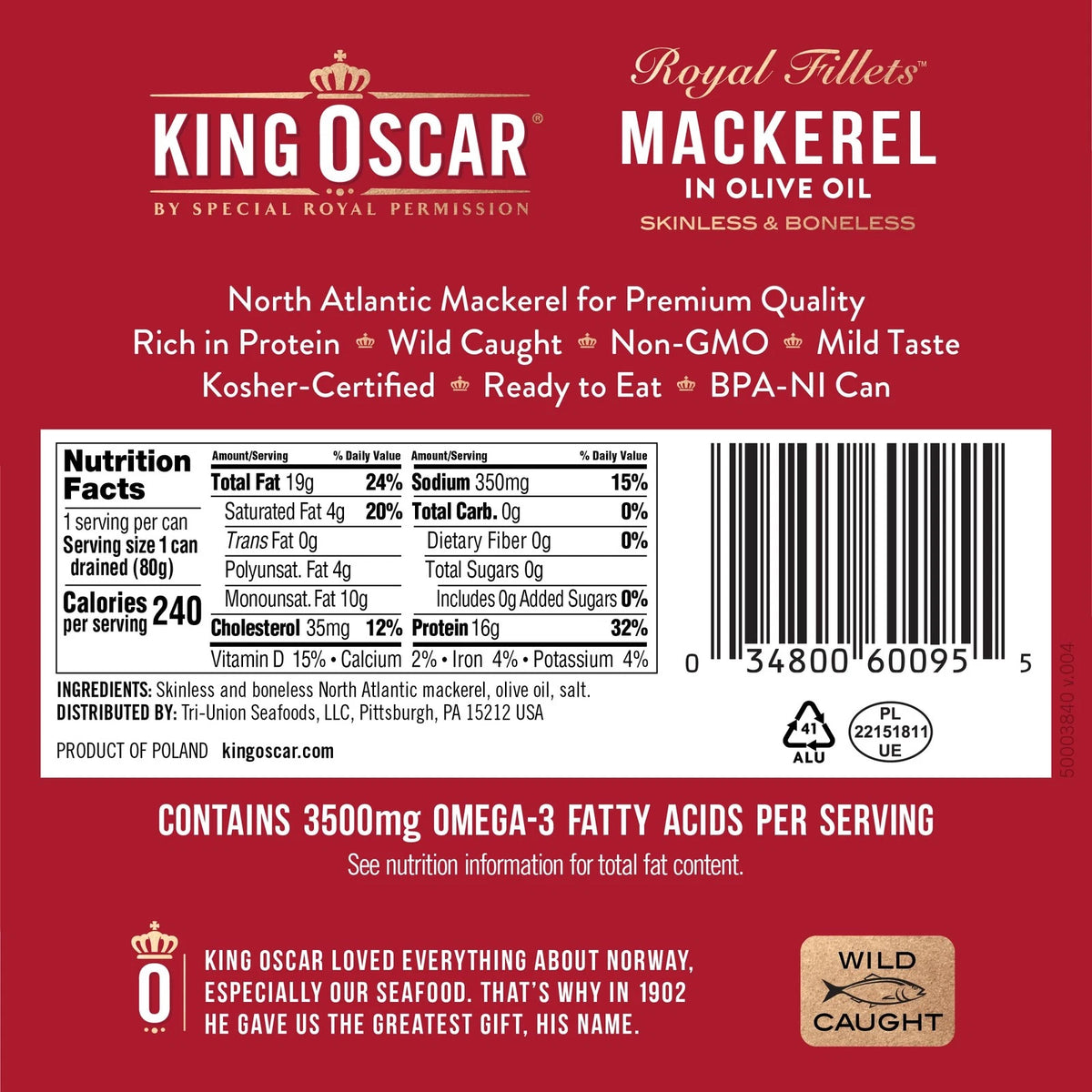 Pack of 12 King Oscar Mackerel in Olive Oil 4.05 oz Cans
