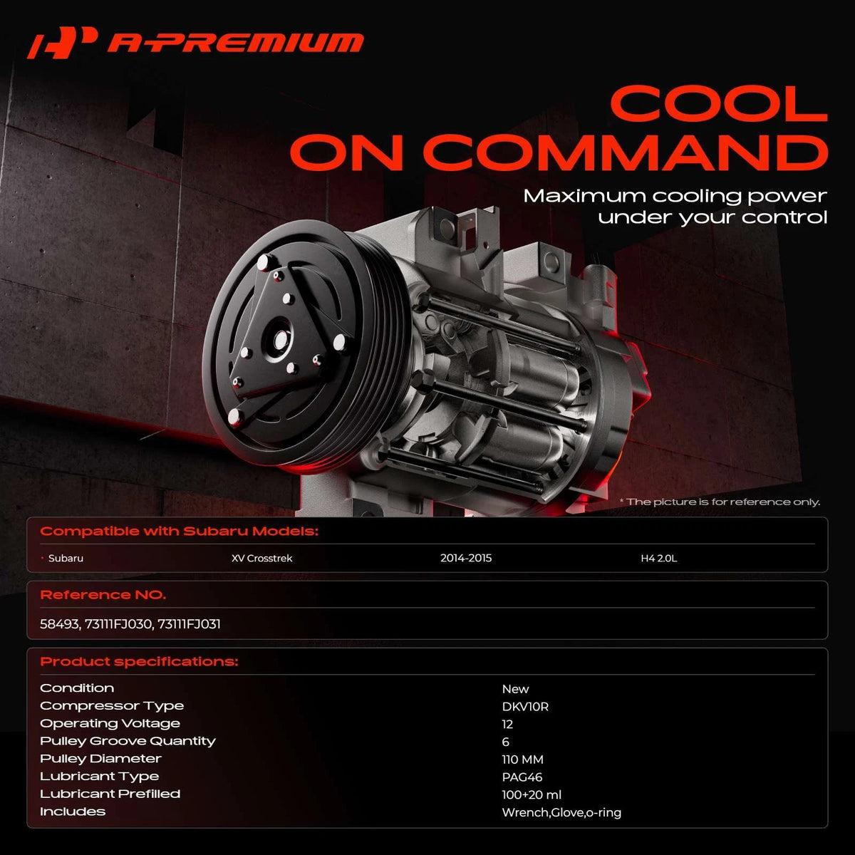 A/C Compressor with Clutch for Subaru XV Crosstrek (2014–2015) 73111FJ030, 73111FJ031, 58493