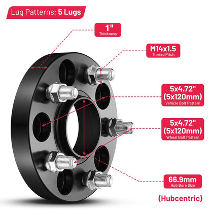 5x120 Wheel Spacers for Chevy 66.9 Hubcentric 1" Thick 6061-T6 (14x1.5) (2014–2019)
