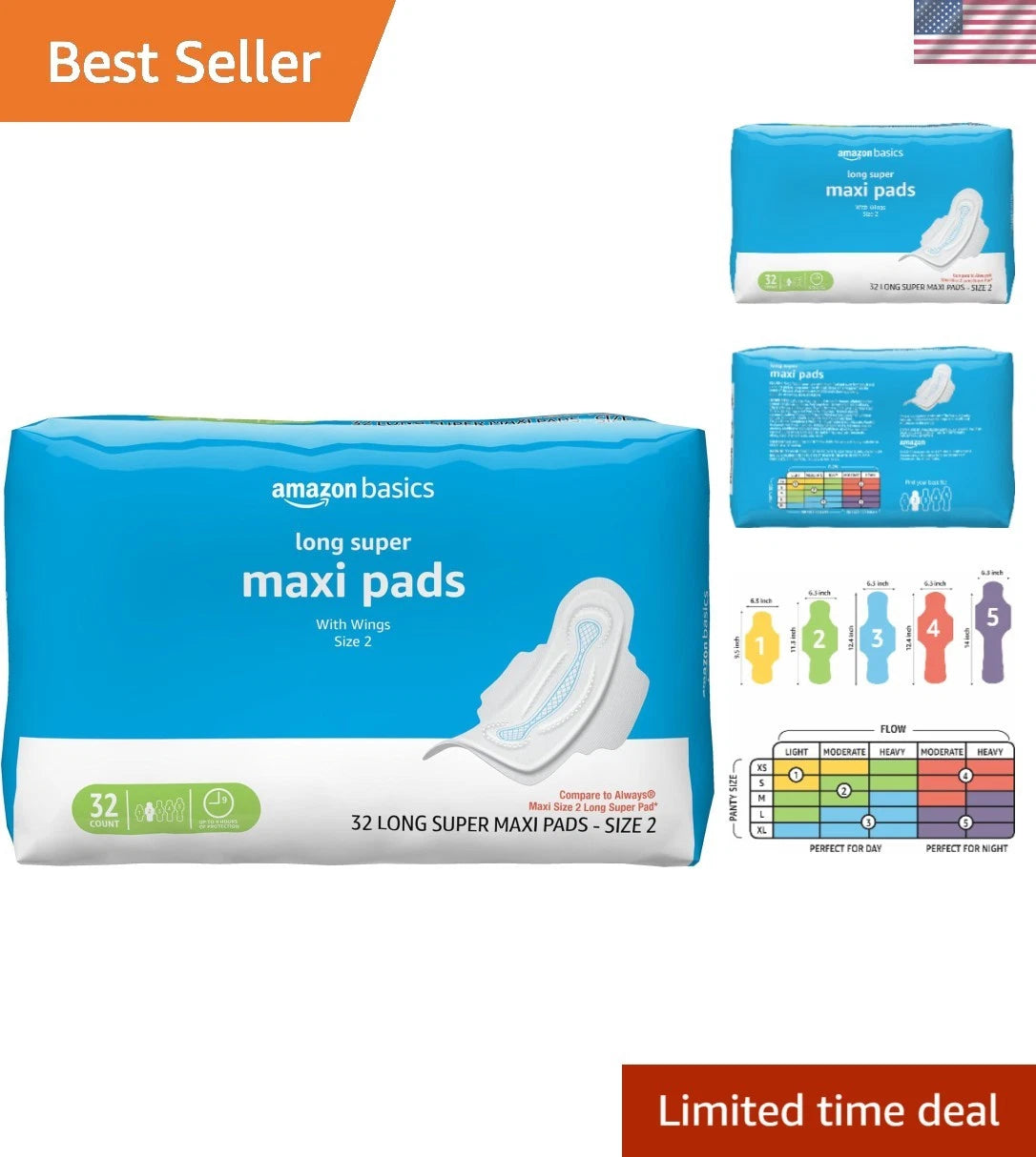 32 Count Ultra-Absorbent Maxi Pads with Flexi-Wings (Size 2)