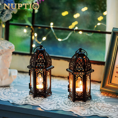 Set of 6 Hanging Candle Holder Lanterns - Glass Hexagon Centerpiece