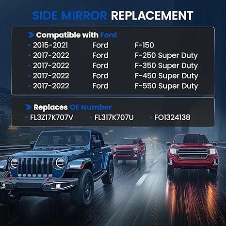 LH Heated Mirror Glass for Ford F-250 F-350 Super Duty (2017–2022)