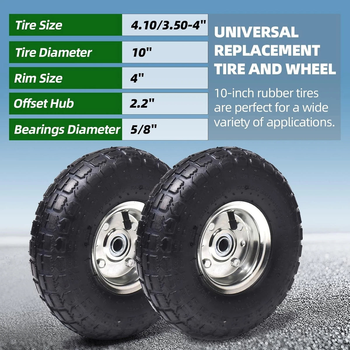 Set of 2 High-Traction 10-Inch Tires & Wheels for Garden Carts & Dollies