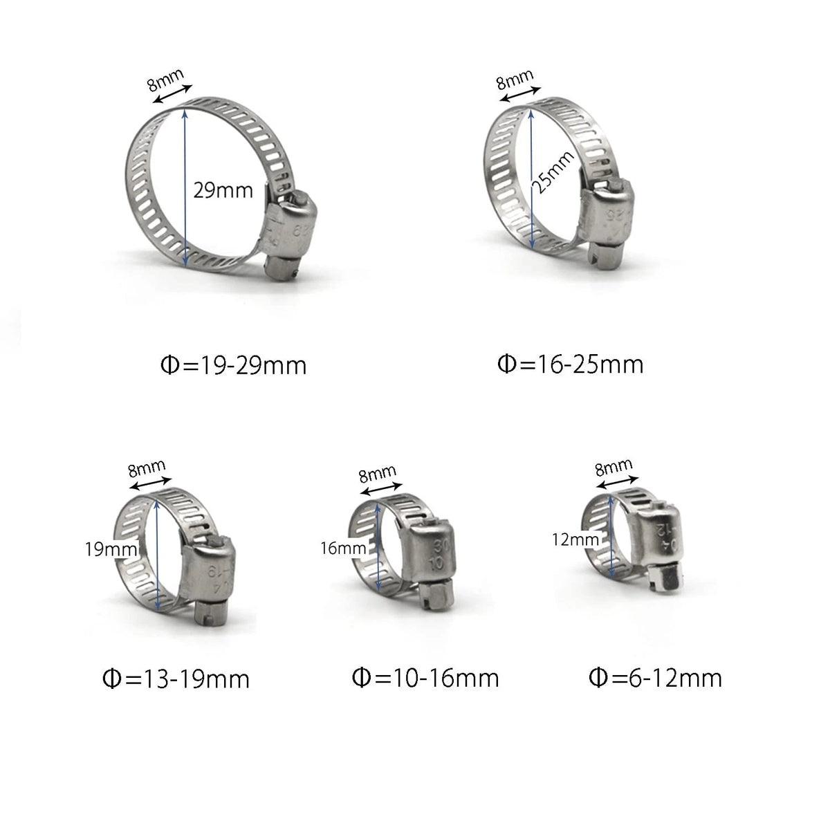 100 Pack Stainless Steel Hose Clamps 10-16mm for Automotive Use