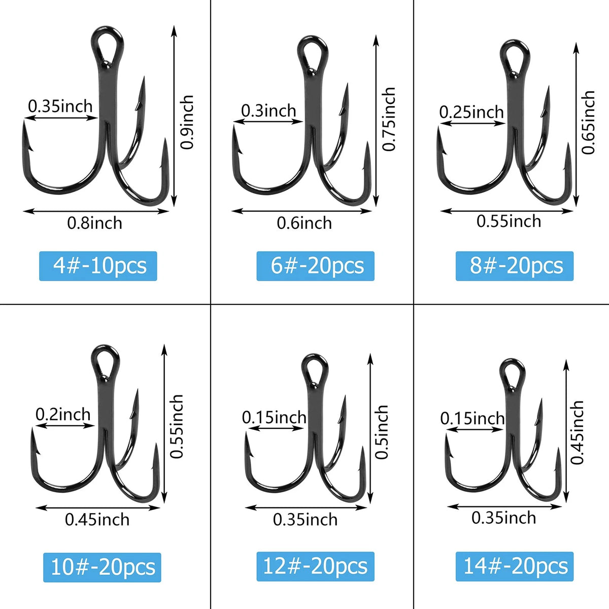 Fishing Treble Hooks Kit Set of 6 High Carbon Steel Sizes 4-14 Black