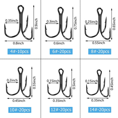 Fishing Treble Hooks Kit Set of 6 High Carbon Steel Sizes 4-14 Black