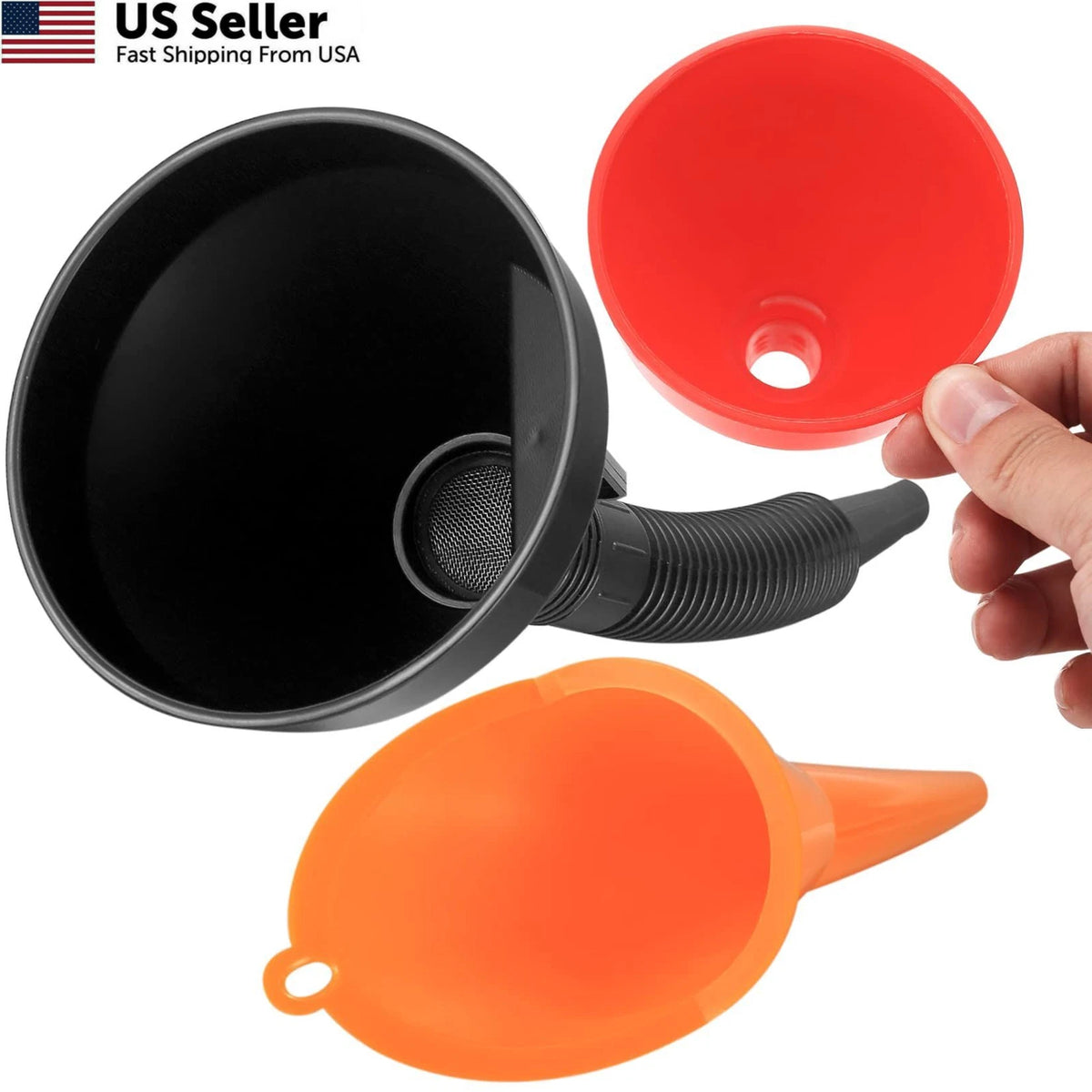 Set of 4 Automotive Funnels for Wide Mouth Fuel (Orange, Black, Red)