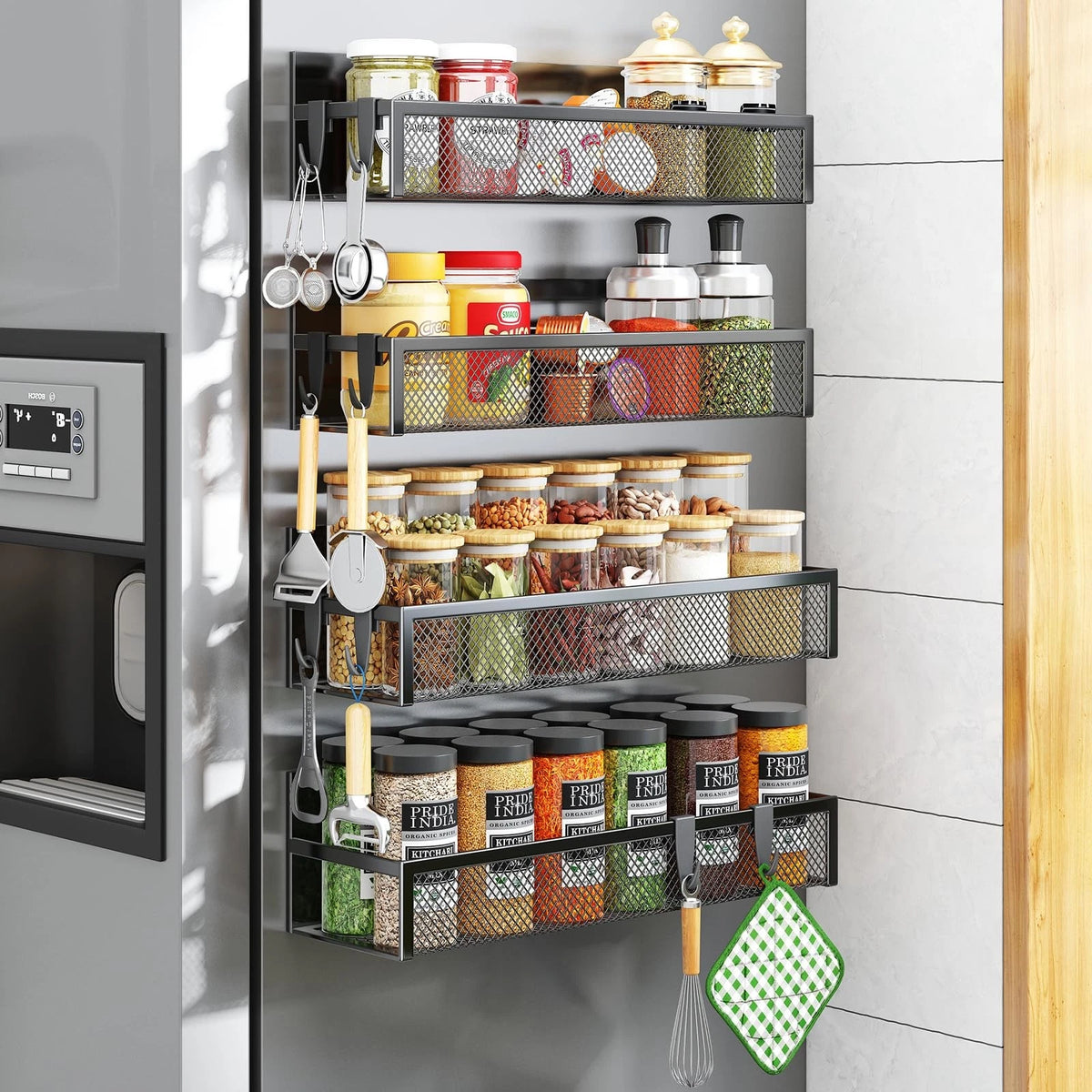 Set of 4 Magnetic Spice Racks for Refrigerator - Black