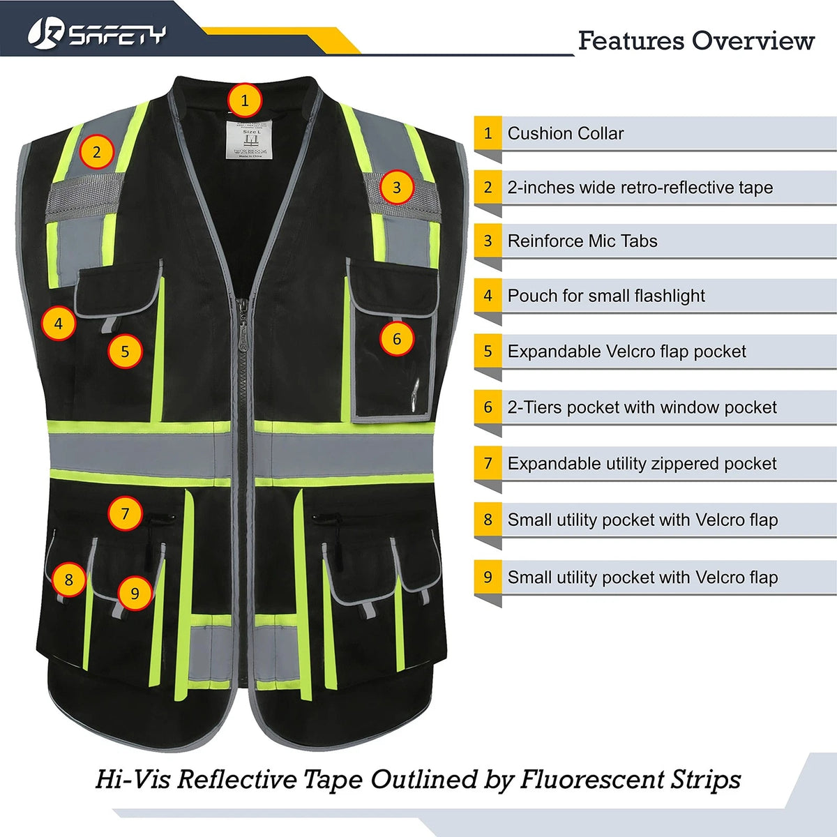 10 Pockets Hi-Vis Zipper Front Safety Vest for Large Size (Black)