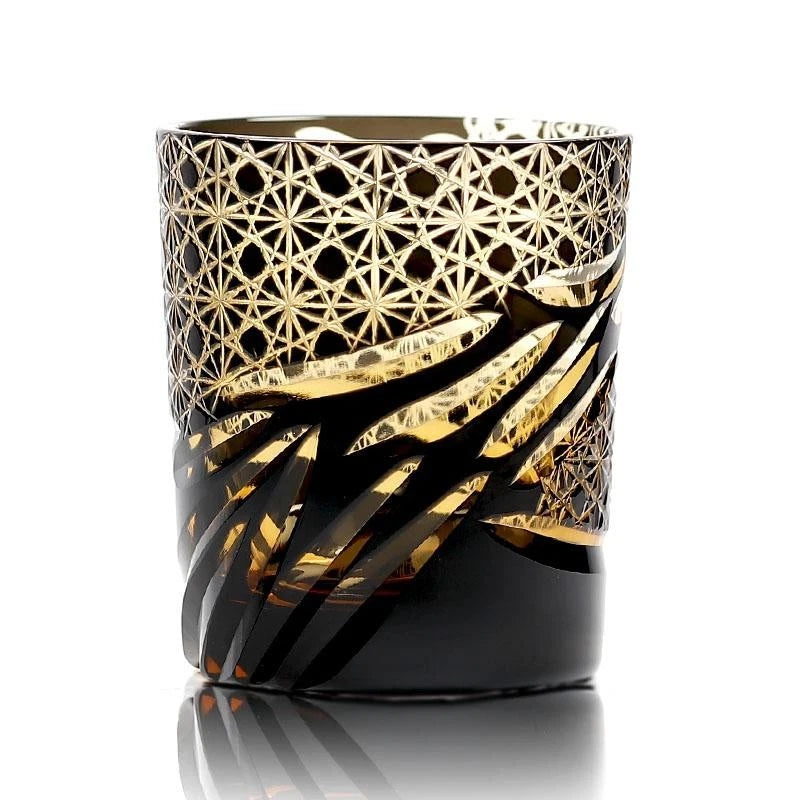 9oz Edo Kiriko Hand Cut Crystal Whiskey Glass Tumbler - Black Amber