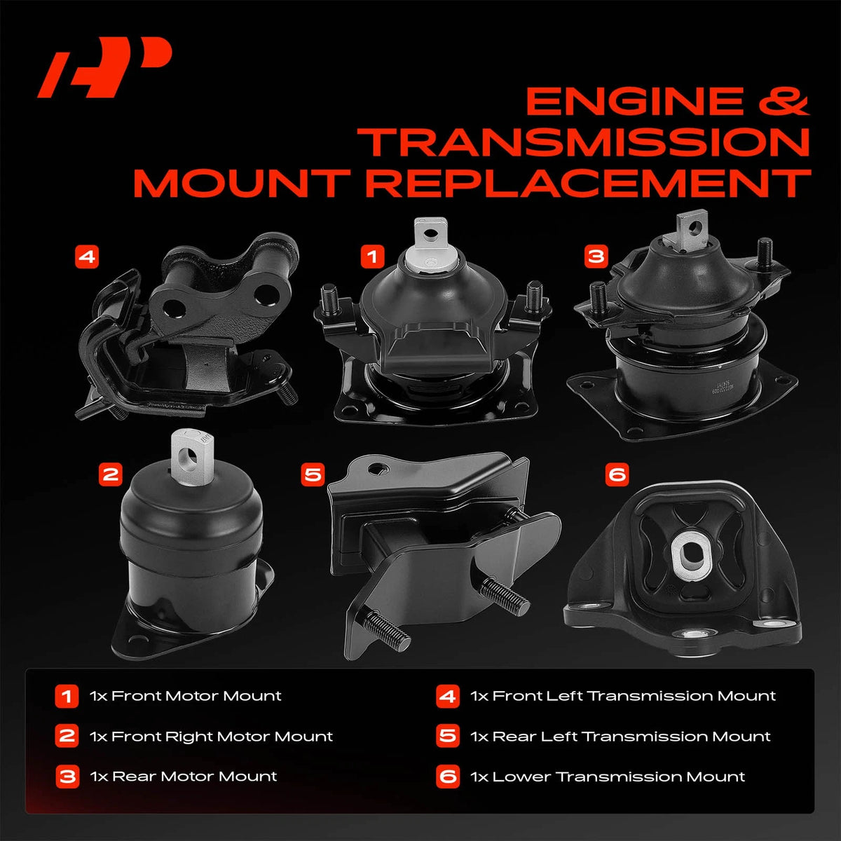 Set of 6 Engine Motor & Trans. Mounts for Acura TSX (2004–2008) EM-9440, 50830SEAE12, 50830SEAE14, 50820SDAA01, 50820SDAA11