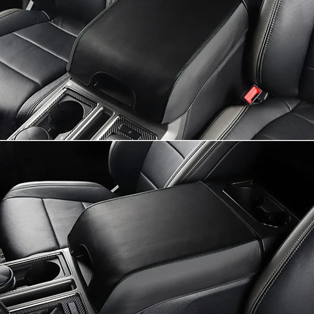Black Leather Center Armrest Console Lid Cover for Ford F150 (2015–2020)