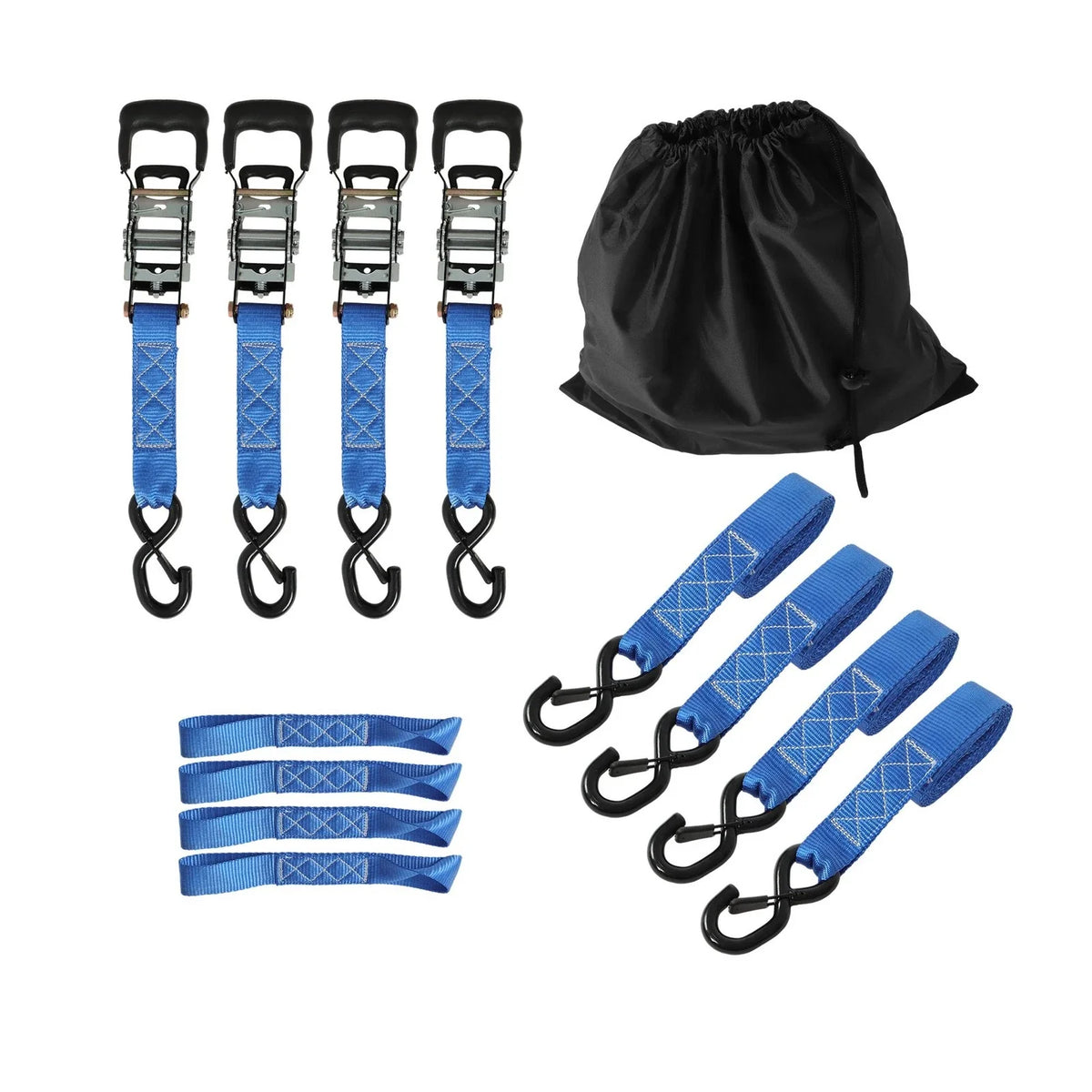 Set of 4 Steel Ratchet Straps 1.6in x 8ft with S Hooks, 5208lbs Strength