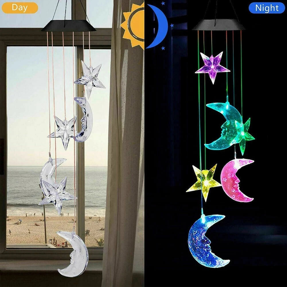 LED Solar Wind Chimes Lights - Color Changing Moon & Star Garden Decor