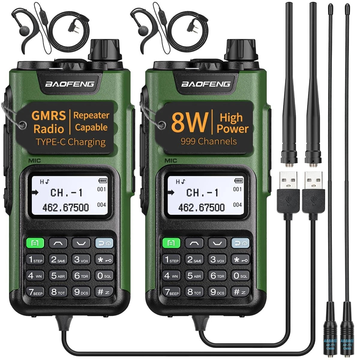 2X BAOFENG GM-15 Pro 8W GMRS Radio Handheld Walkie Talkie Green