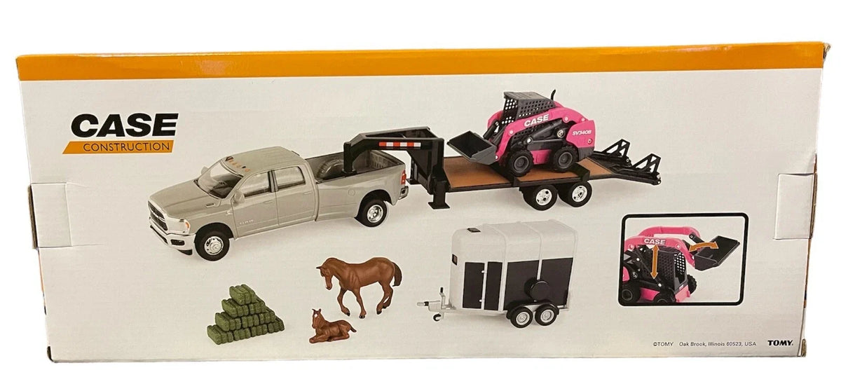 1/32 Case SV340B Skid Steer & RAM Pickup Flatbed Trailer with Accessories