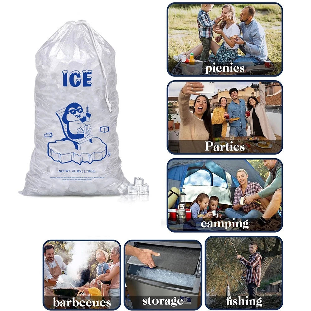 50 Count Ice Bags with Drawstring, Clear, Puncture Resistant & Heavy Duty