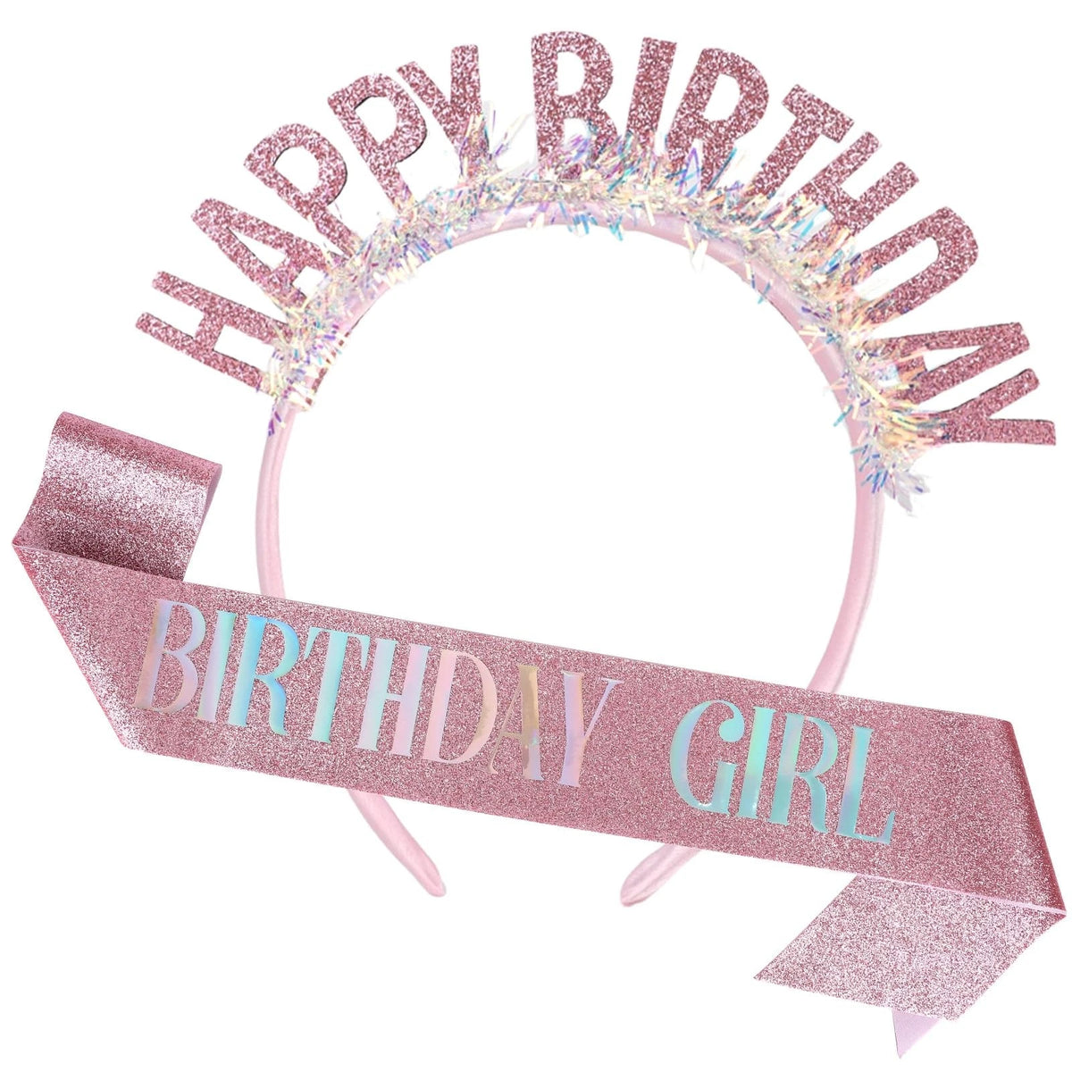 Set of 2 Pink Happy Birthday Crown and Sash for Party Celebration