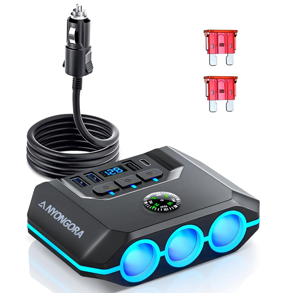 7-in-1 Car Charger Splitter for Universal Use (120W, 3 Sockets, 4 USB Ports, LED)