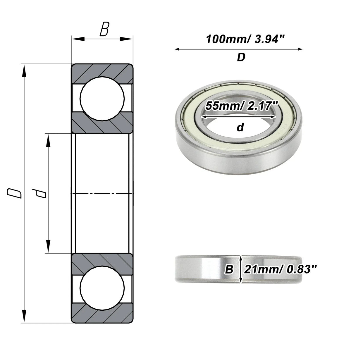 6211ZZ Deep Groove Ball Bearing for Scooter Skateboard Wheel (1 Pc)