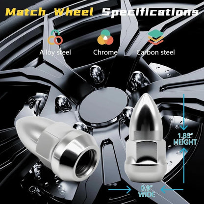 20-Piece Chrome Bullet-Style Lug Nuts for 1/2"-20 Thread, Extended Acorn/Bulge