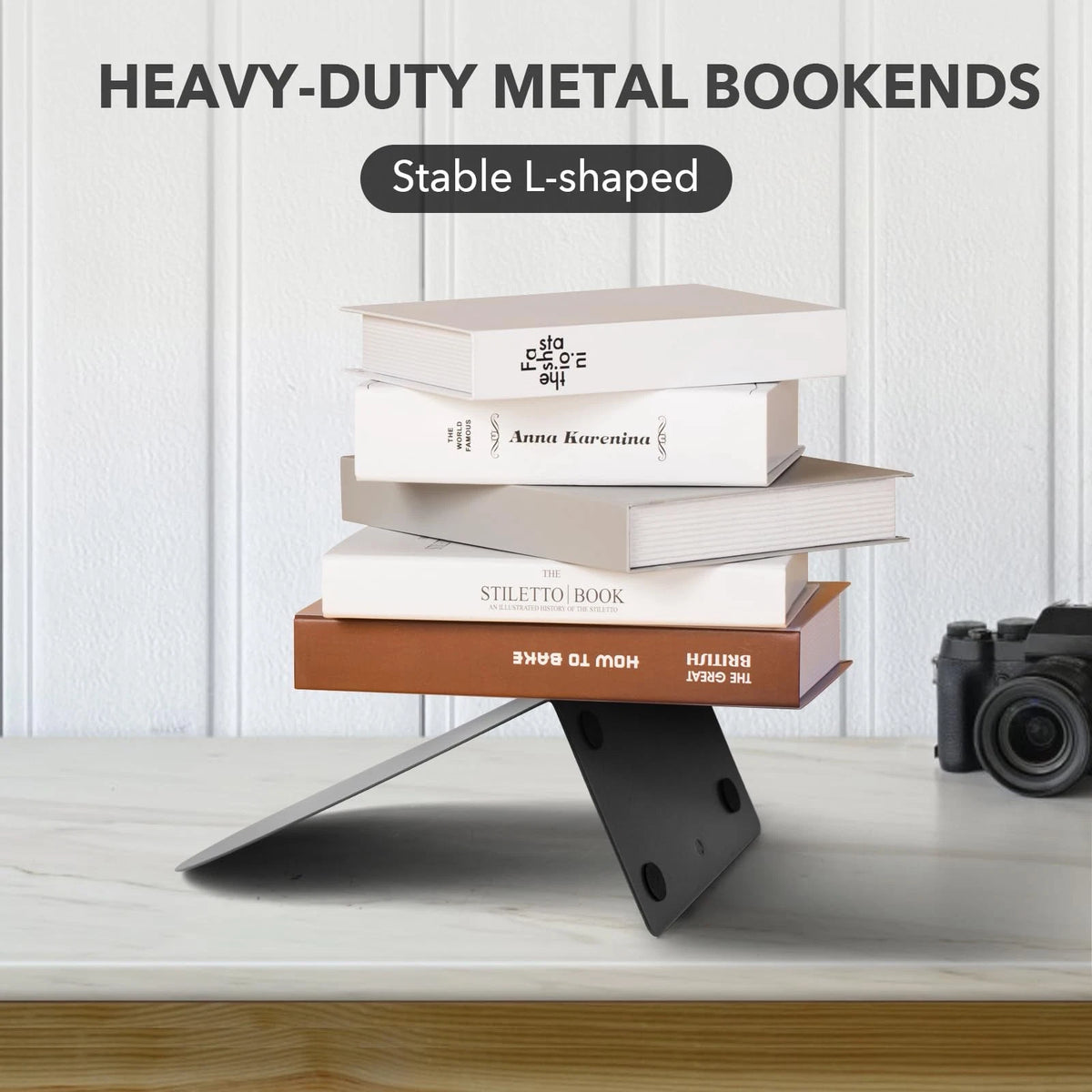 Set of 6 Metal Book Ends for Shelves - Heavy Duty Black