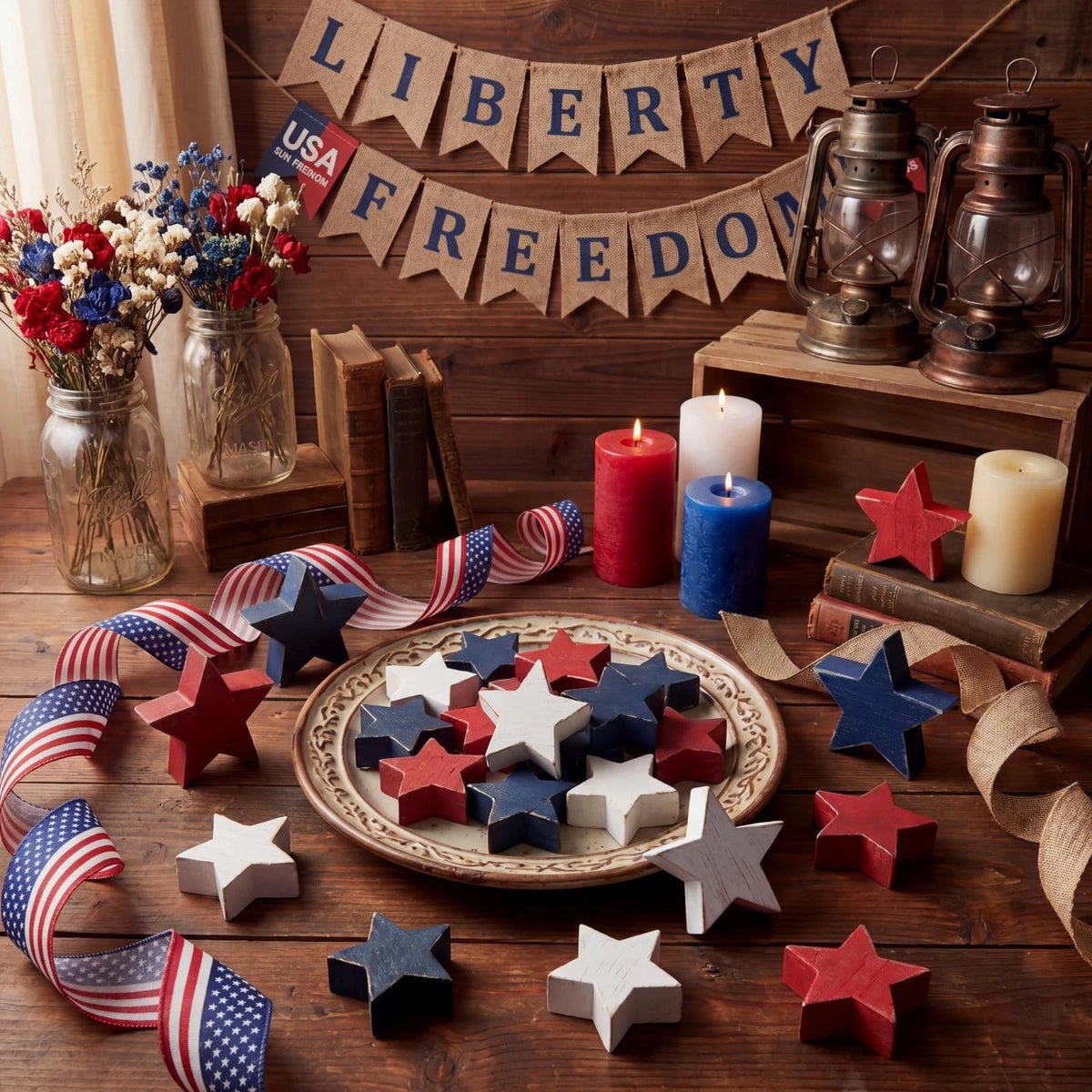 12pcs Rustic Wood Star Set for Tiered Tray Decor (4th of July)