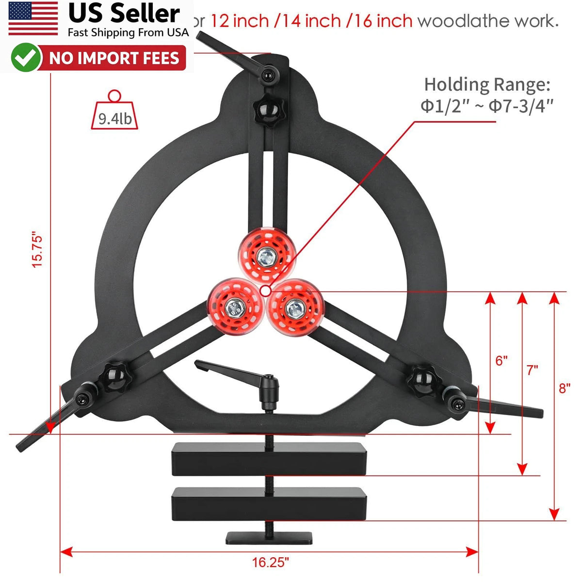 Wood Lathe Steady Rest for 12-16 Inch Swing Spindle (2010–2023)