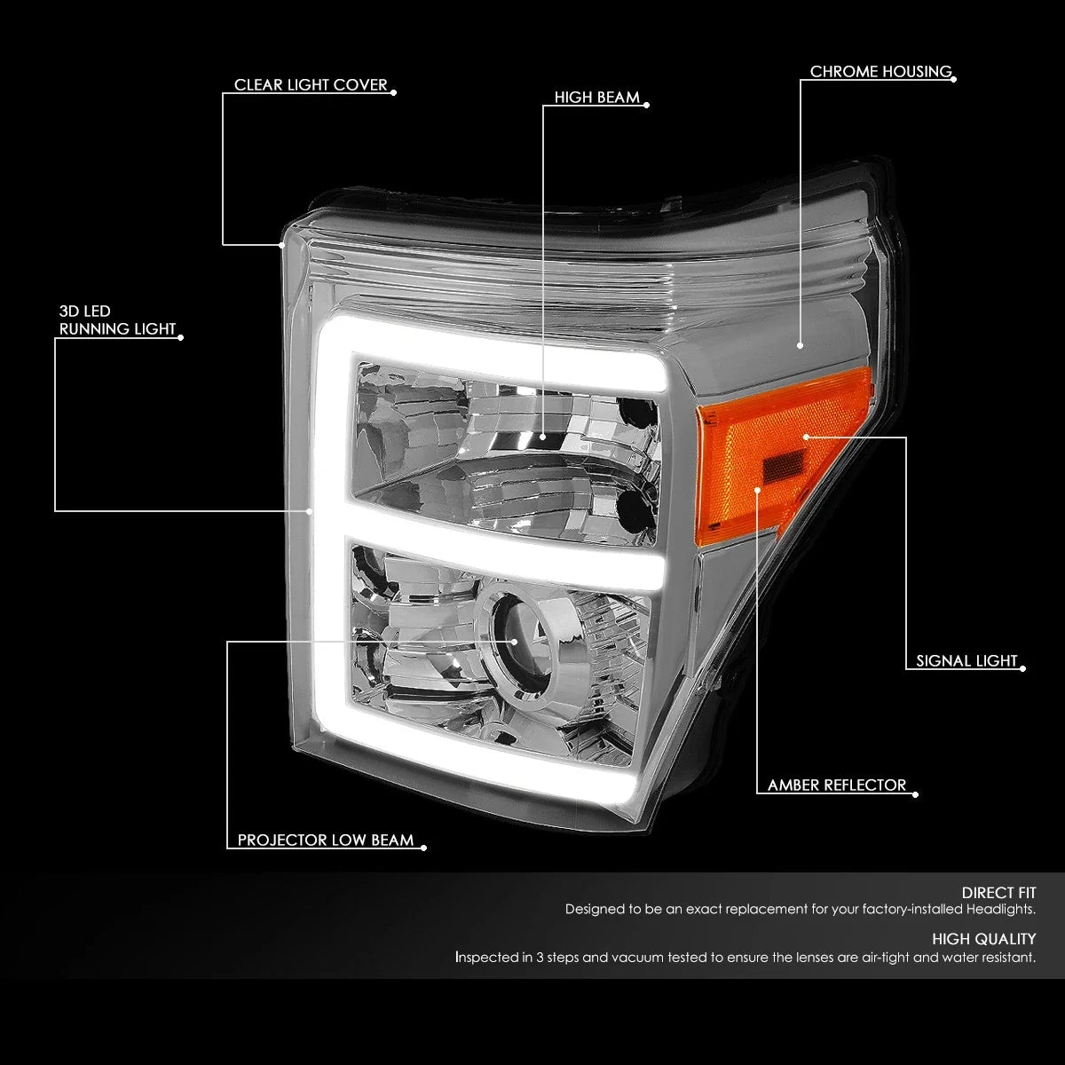 E-Bar LED Chrome Amber Projector Headlight for Super Duty (2011–2016)