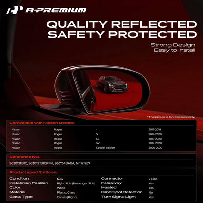 Passenger Power Glass Side Mirror for Nissan Rogue (2017–2020) 963019TB1C, 963019TB1CPFM, 963734BA0A, NI1321287
