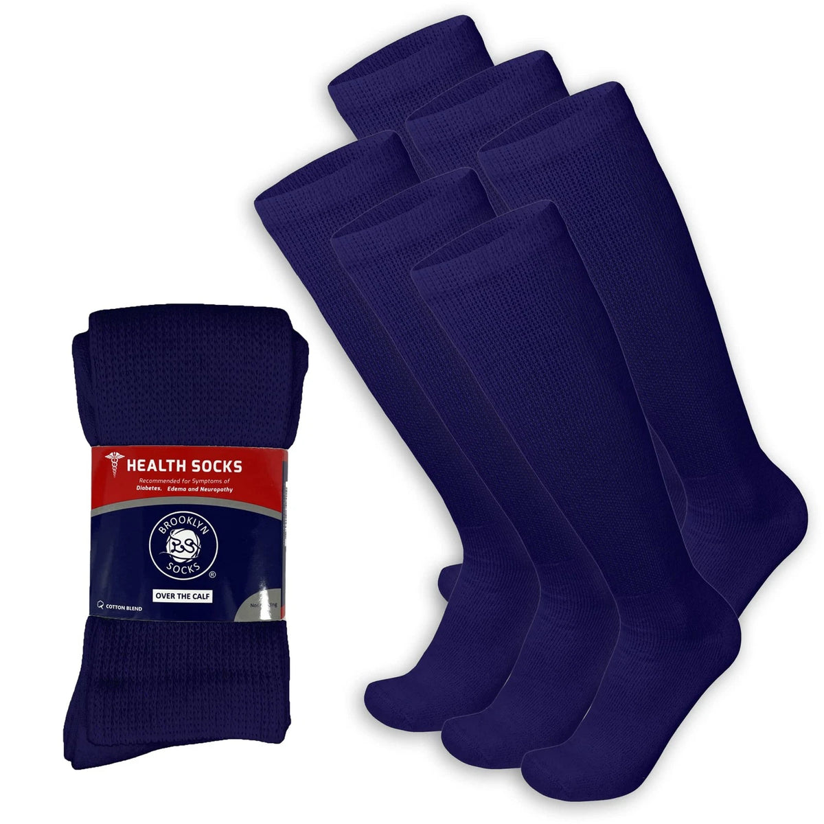 6 Pairs of Knee High Cotton Socks for Diabetics - Navy