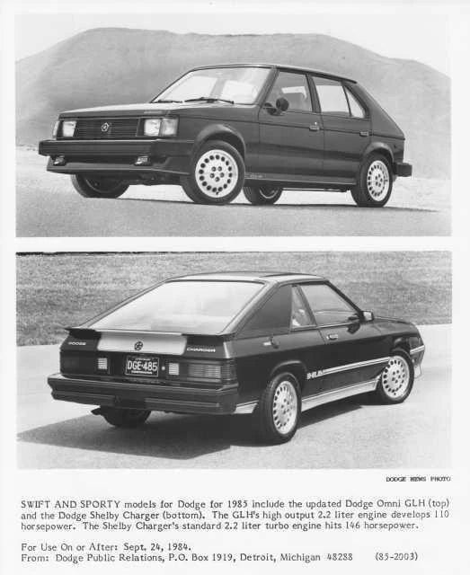 Press Photo for Dodge Omni GLH and Shelby Charger (1985)