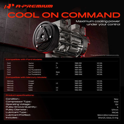 A/C Compressor with Clutch for Ford Taurus Mercury Cougar (1988–1991) F8FH19D629A, CO101270C