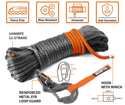 Synthetic Winch Rope 3/16in x 50ft Replacement Cable (8350Lbs)
