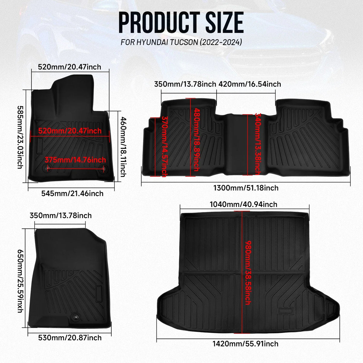 Set of 4 All Weather Floor Mats Trunk Cargo Liner for Hyundai Tucson (2022–2025)