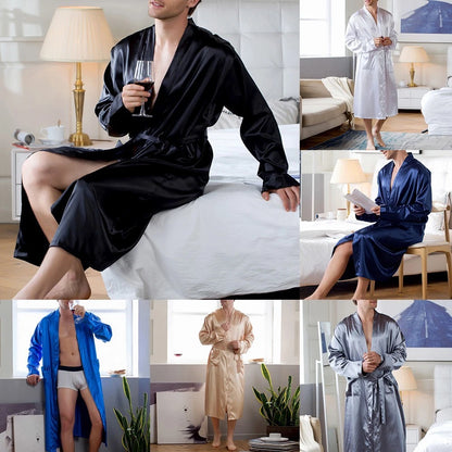 Men's Satin Kimono Bathrobe with Pocket for Sleepwear (No Part Numbers)