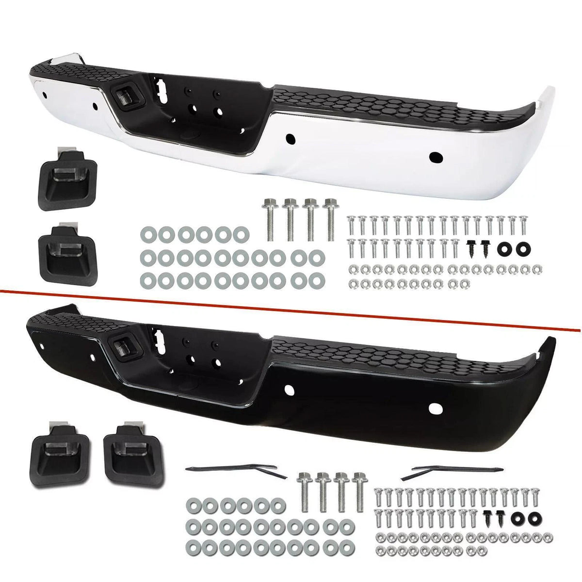 Black/Chrome Rear Bumper Split Assembly for Dodge Ram 1500 (2009–2018) - CON-A000462, 55112621AB, 68049744AA