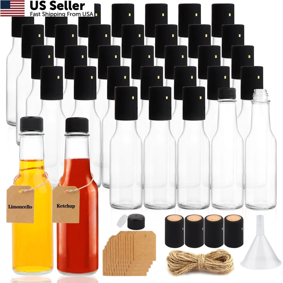 35 Pack 5oz Hot Sauce Bottles with Black Caps & Shrink Capsules