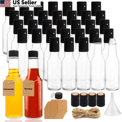 35 Pack 5oz Hot Sauce Bottles with Black Caps & Shrink Capsules