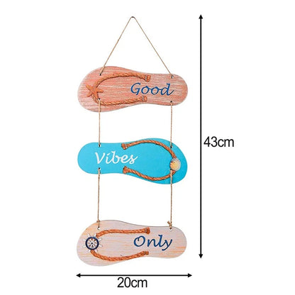 Wooden Marine Theme Flip Flops and Fish Pendant Wall Hanging Decor