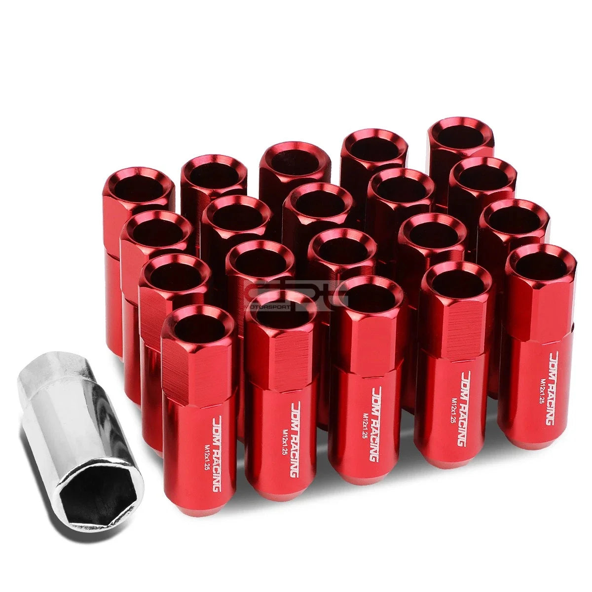 20 PCS Open End M12x1.25 60mm Tall Red Hexagon Lug Nuts + Adapter
