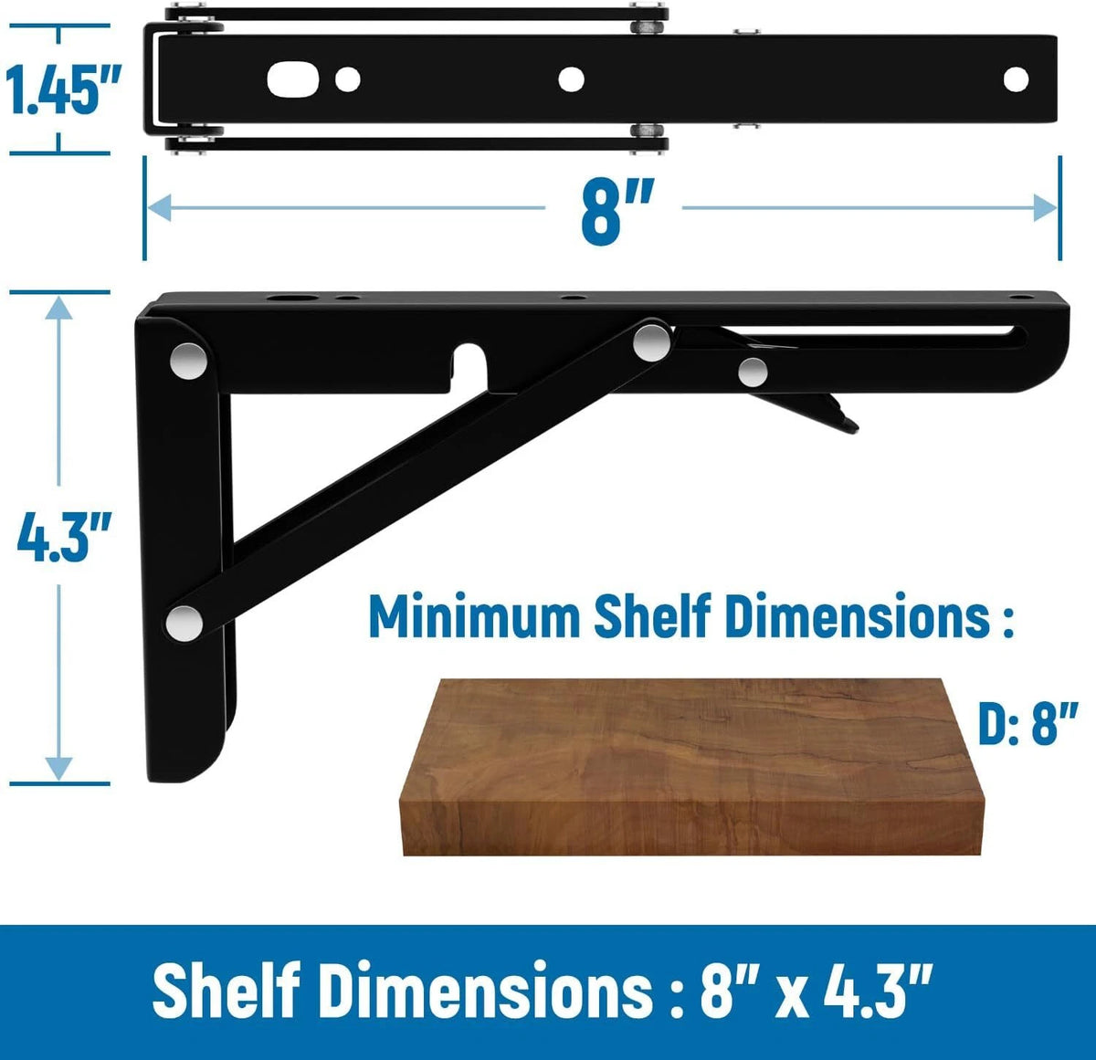 2X Heavy Duty 8-Inch Folding Shelf Brackets for Wall Mounting - Black